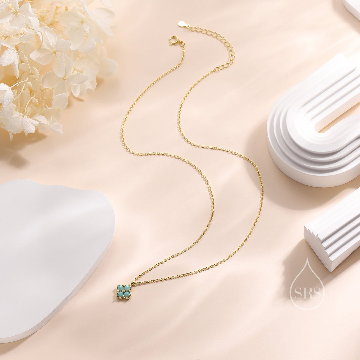 Aqua Green Opal Hydrangea Pendant Necklace in Sterling Silver, Silver or Gold, Green Opal Four Dot Necklace, Sterling Silver Opal Pendant