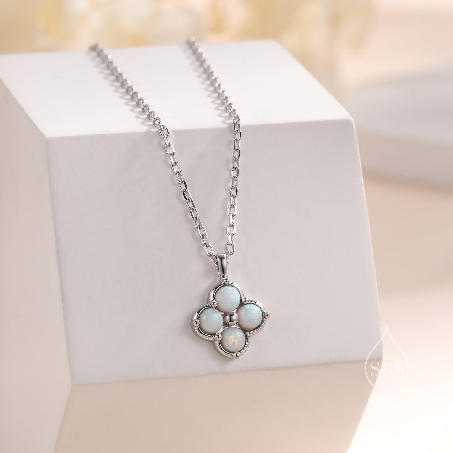 White Opal Hydrangea Pendant Necklace in Sterling Silver, Silver or Gold, White Fire Opal Four Dot Necklace, Sterling Silver Opal Pendant