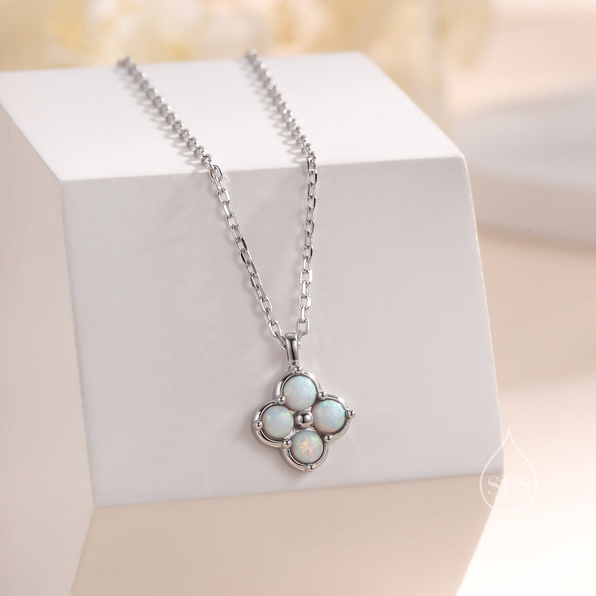 White Opal Hydrangea Pendant Necklace in Sterling Silver, Silver or Gold, White Fire Opal Four Dot Necklace, Sterling Silver Opal Pendant