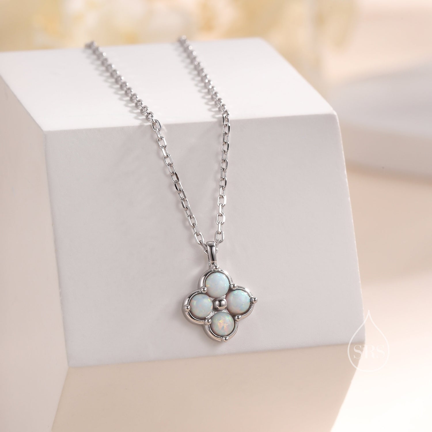 White Opal Hydrangea Pendant Necklace in Sterling Silver, Silver or Gold, White Fire Opal Four Dot Necklace, Sterling Silver Opal Pendant