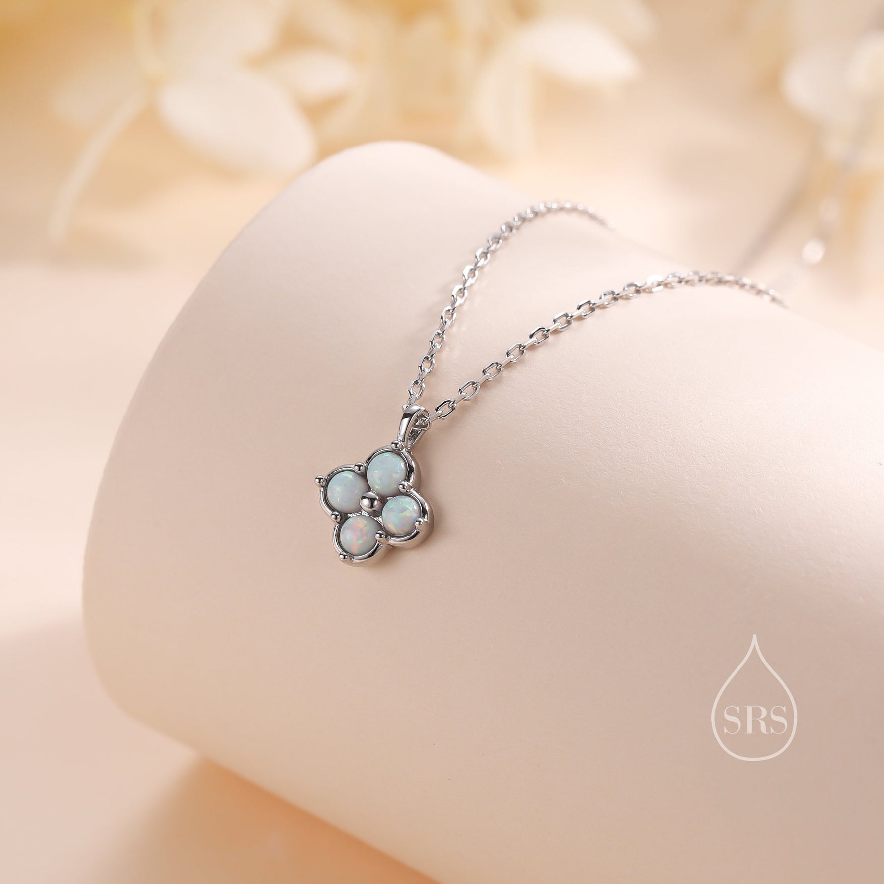 White Opal Hydrangea Pendant Necklace in Sterling Silver, Silver or Gold, White Fire Opal Four Dot Necklace, Sterling Silver Opal Pendant