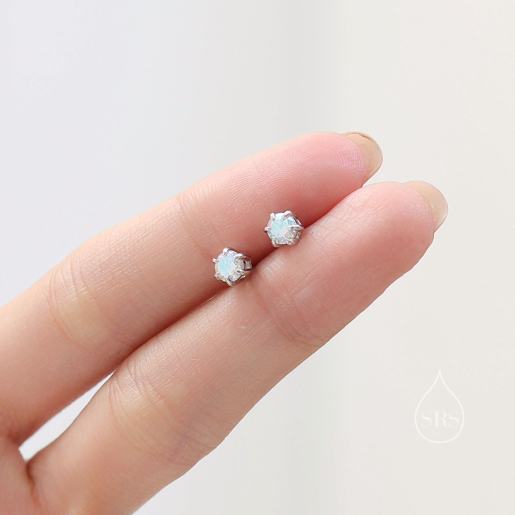 Sterling Silver Aurora AB CZ Stud Earrings, 4mm Minimal Aurora Colour Changing CZ Earrings, Tiny Iridescent Crystal Stud