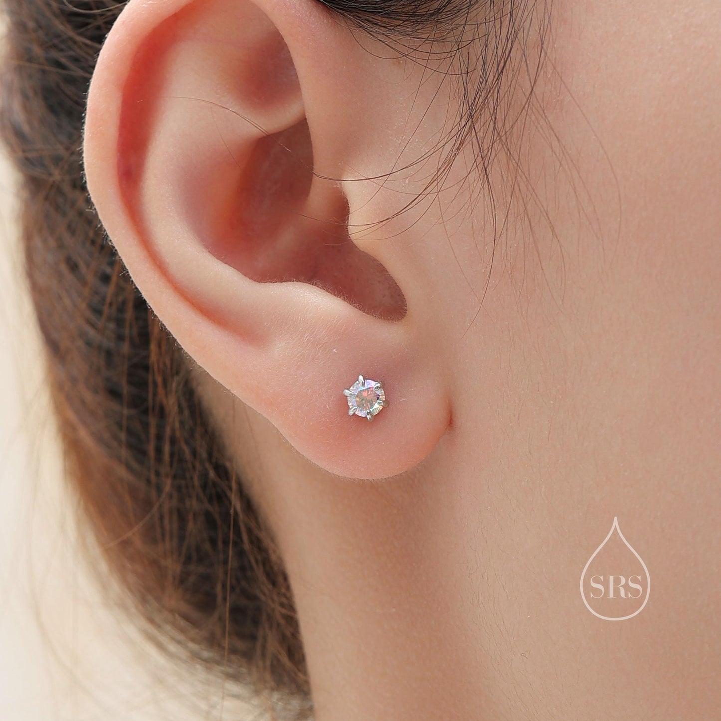 Sterling Silver Aurora AB CZ Stud Earrings,  4mm Minimal Aurora Colour Changing CZ Earrings, Tiny Iridescent Crystal Stud