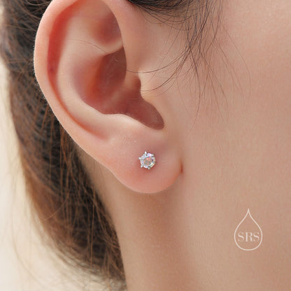 Sterling Silver Aurora AB CZ Stud Earrings,  4mm Minimal Aurora Colour Changing CZ Earrings, Tiny Iridescent Crystal Stud