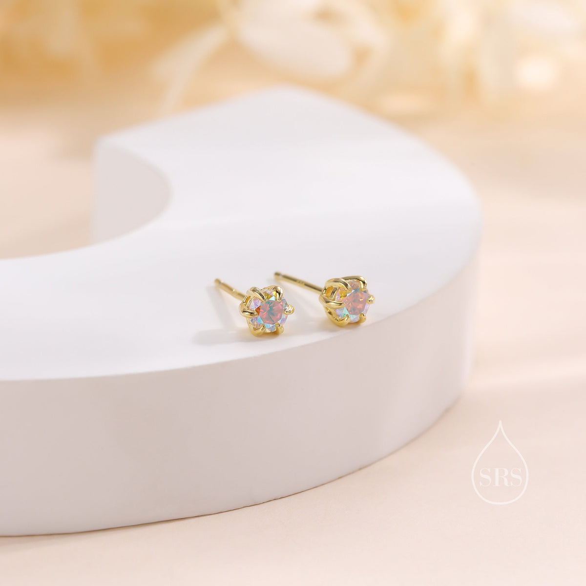 Sterling Silver Aurora AB CZ Stud Earrings, 4mm Minimal Aurora Colour Changing CZ Earrings, Tiny Iridescent Crystal Stud