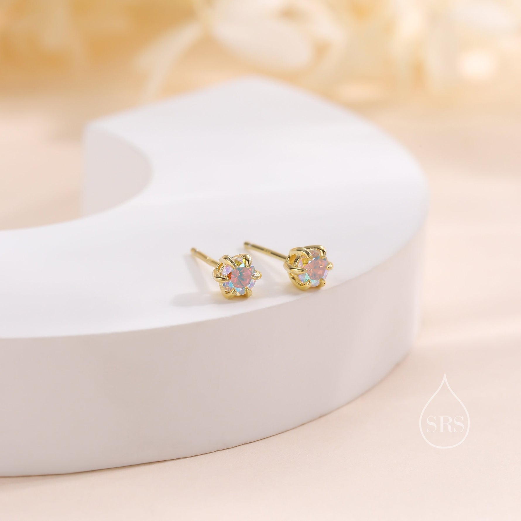 Sterling Silver Aurora AB CZ Stud Earrings, 4mm Minimal Aurora Colour Changing CZ Earrings, Tiny Iridescent Crystal Stud