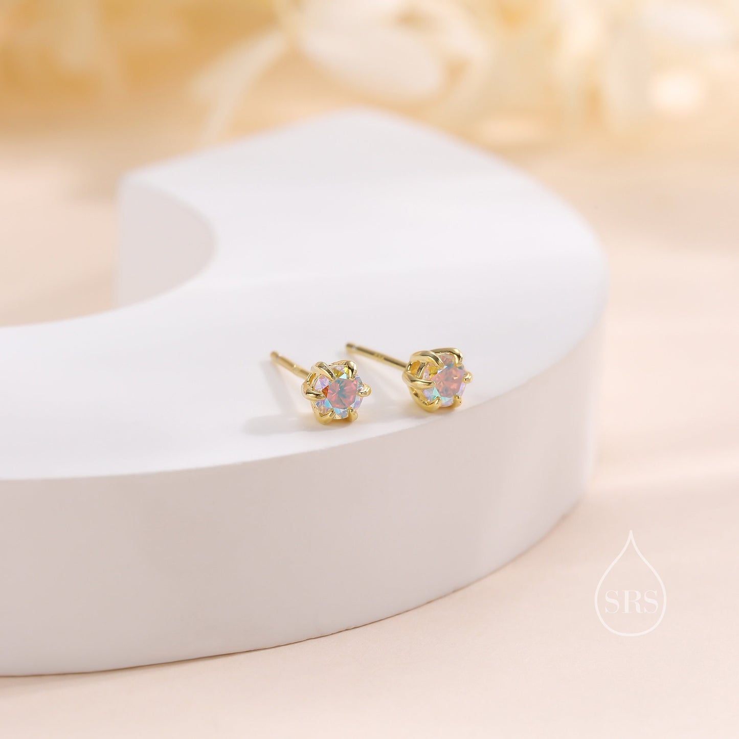 Sterling Silver Aurora AB CZ Stud Earrings,  4mm Minimal Aurora Colour Changing CZ Earrings, Tiny Iridescent Crystal Stud