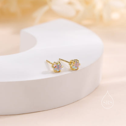 Sterling Silver Aurora AB CZ Stud Earrings,  4mm Minimal Aurora Colour Changing CZ Earrings, Tiny Iridescent Crystal Stud