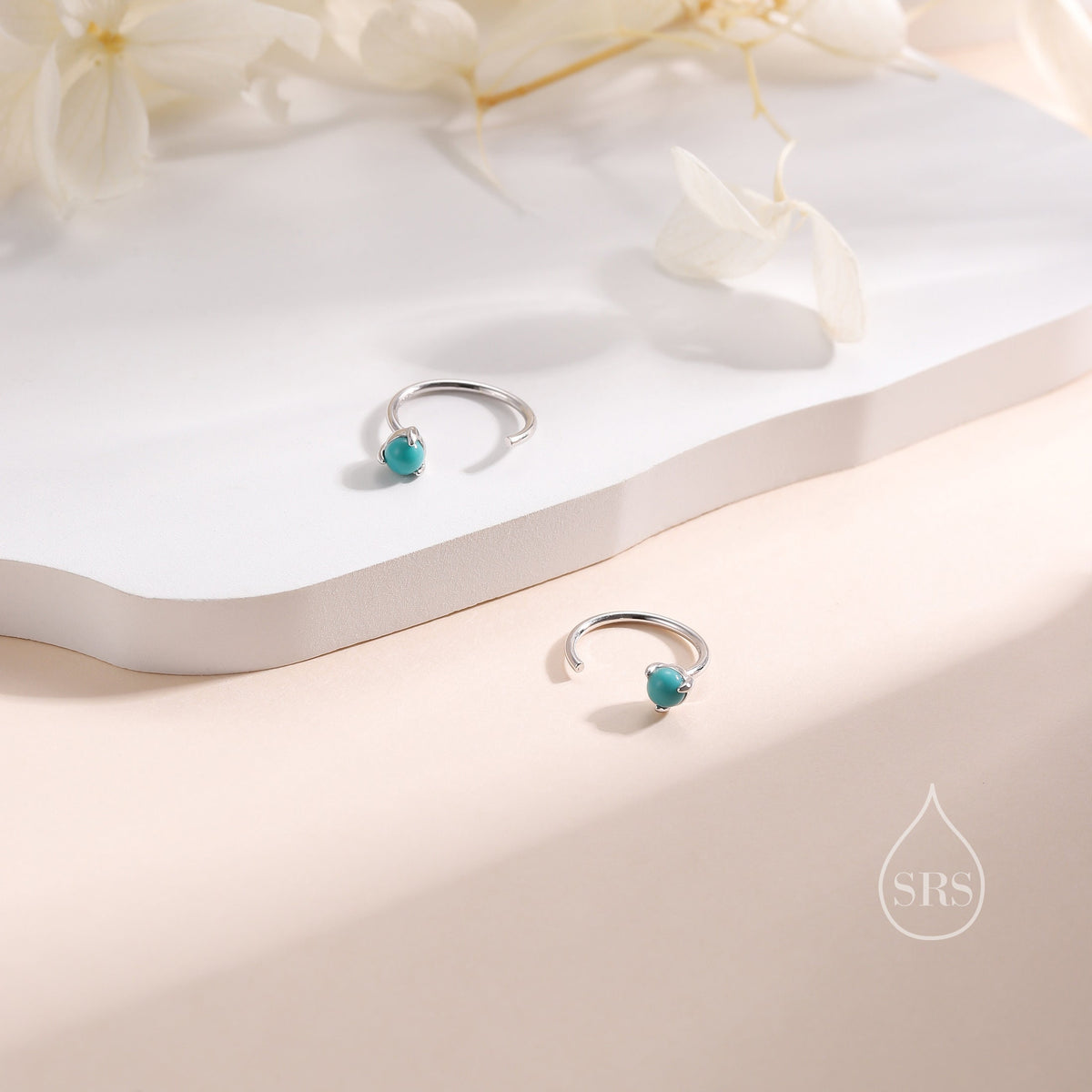 Genuine Turquoise Threader Hoop Earrings in Sterling Silver, Blue Turquoise or Green Turquoise Huggie Hoops, Turquoise Open Hoop Earrings