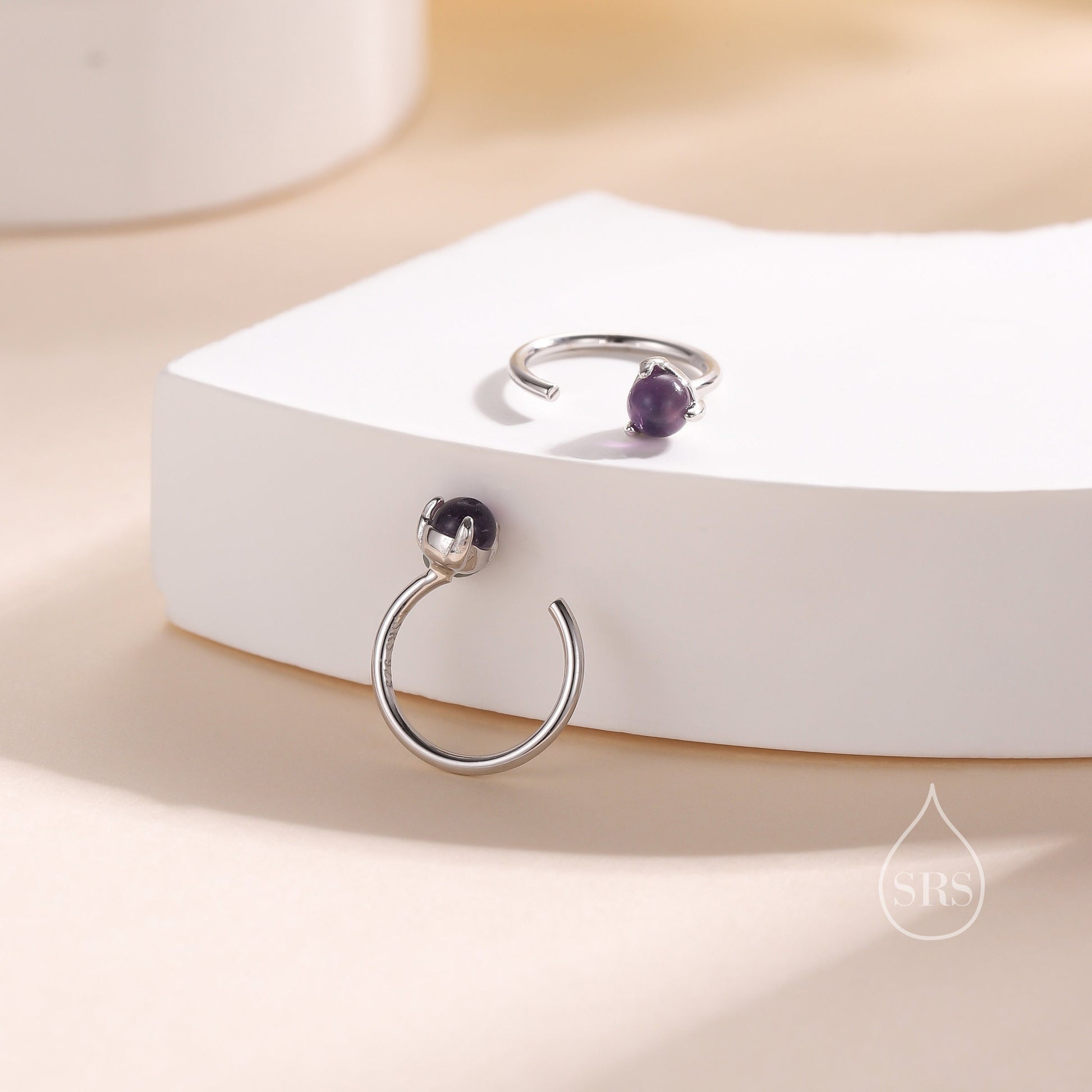 Genuine Amethyst Huggie Hoop Earrings in Sterling Silver, 3mm Natural Purple Amethyst Open Hoops, Pull Through Threaders, C Shape Half Hoops