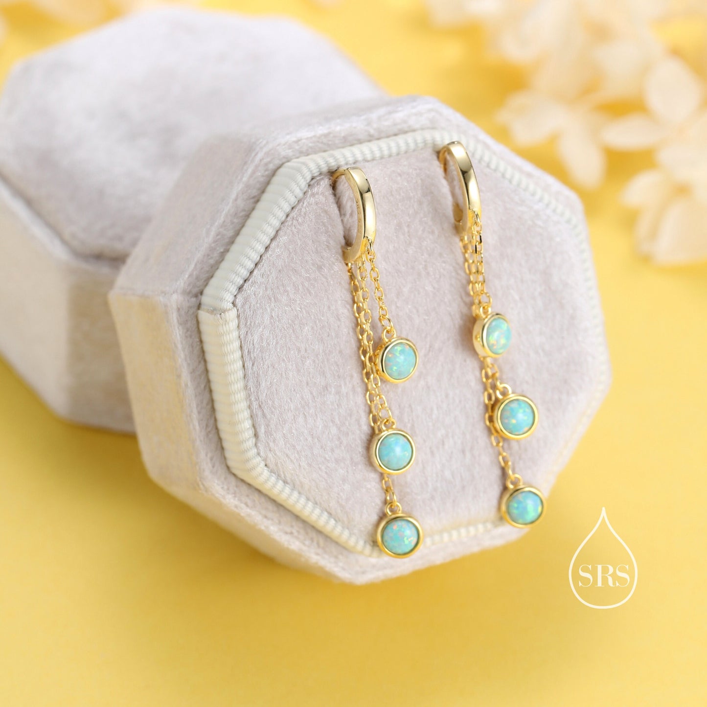 Aqua Green Opal Dangle Charm Hoop Earrings, Opal Trio Dangle Hoop Earrings, Silver or Gold, Opal Chain Charm Hoops