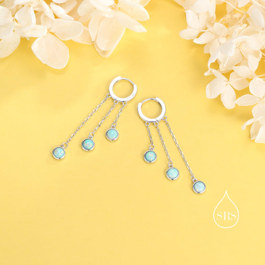 Aqua Green Opal Dangle Charm Hoop Earrings, Opal Trio Dangle Hoop Earrings, Silver or Gold, Opal Chain Charm Hoops