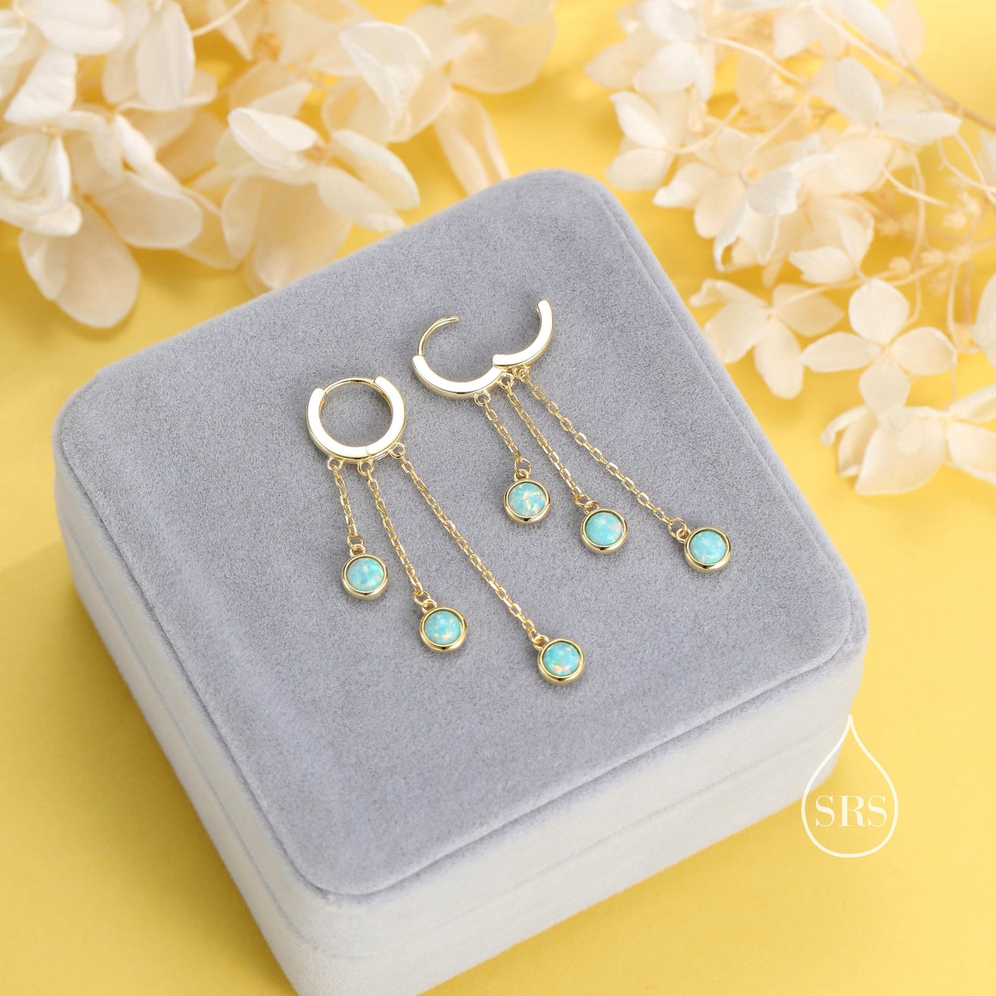 Aqua Green Opal Dangle Charm Hoop Earrings, Opal Trio Dangle Hoop Earrings, Silver or Gold, Opal Chain Charm Hoops