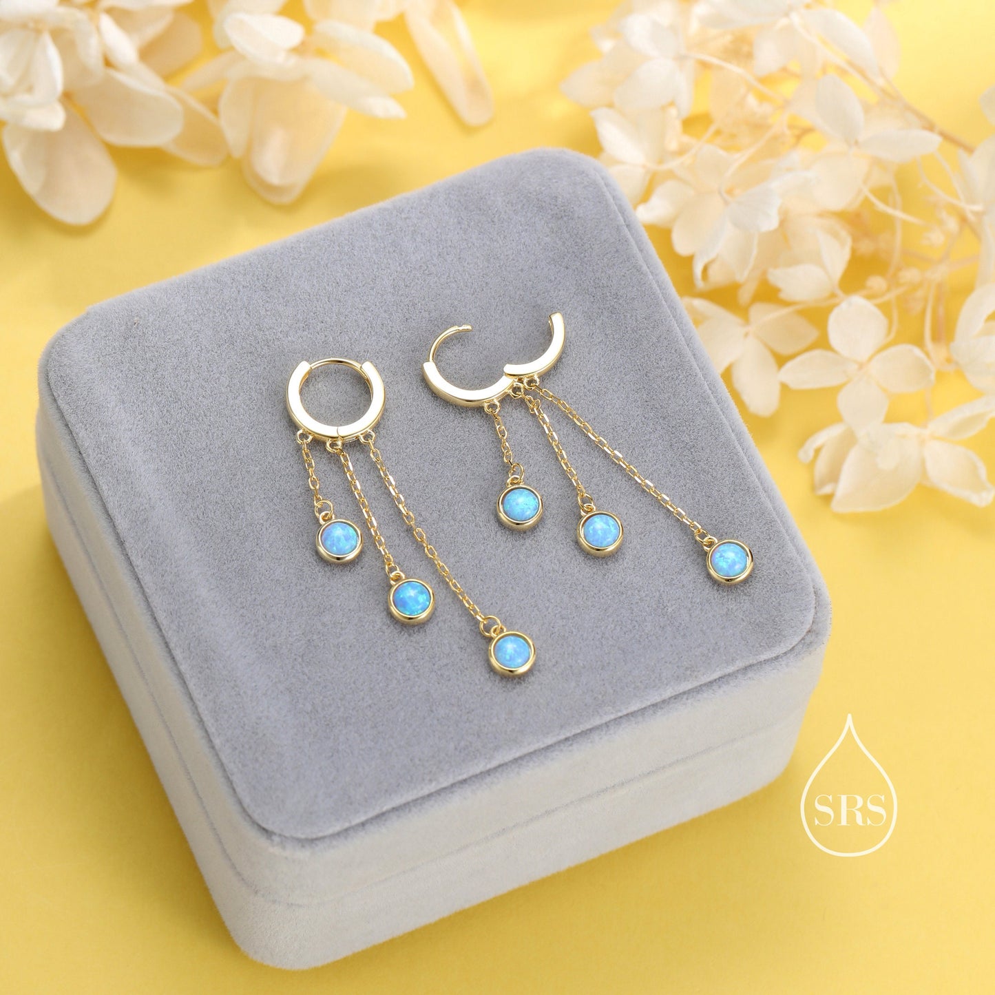 Blue Opal Dangle Charm Hoop Earrings, Opal Trio Dangle Hoop Earrings, Silver or Gold, Lab Opal Chain Charm Hoops