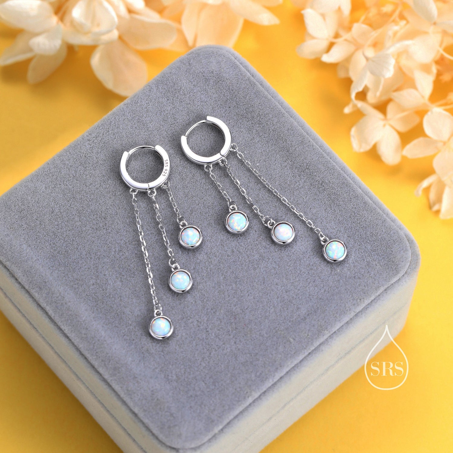 White Opal Dangle Charm Hoop Earrings, Fire Opal Trio Dangle Hoop Earrings, Silver or Gold, Lab Opal Chain Charm Hoops