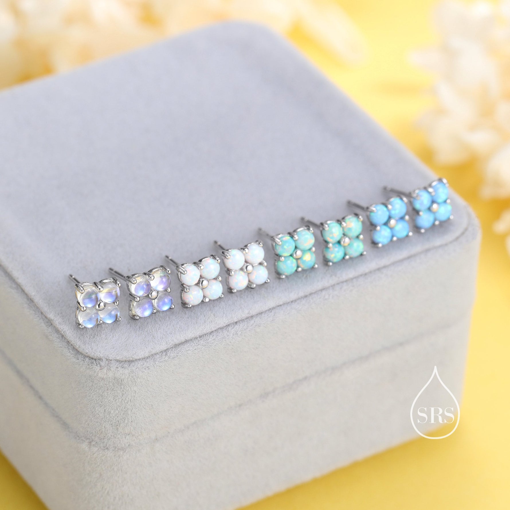 Blue Opal Hydrangea Screw Back Earrings in Sterling Silver - Gold or Silver - Opal Flower Earrings, Four Fire Opal Stud