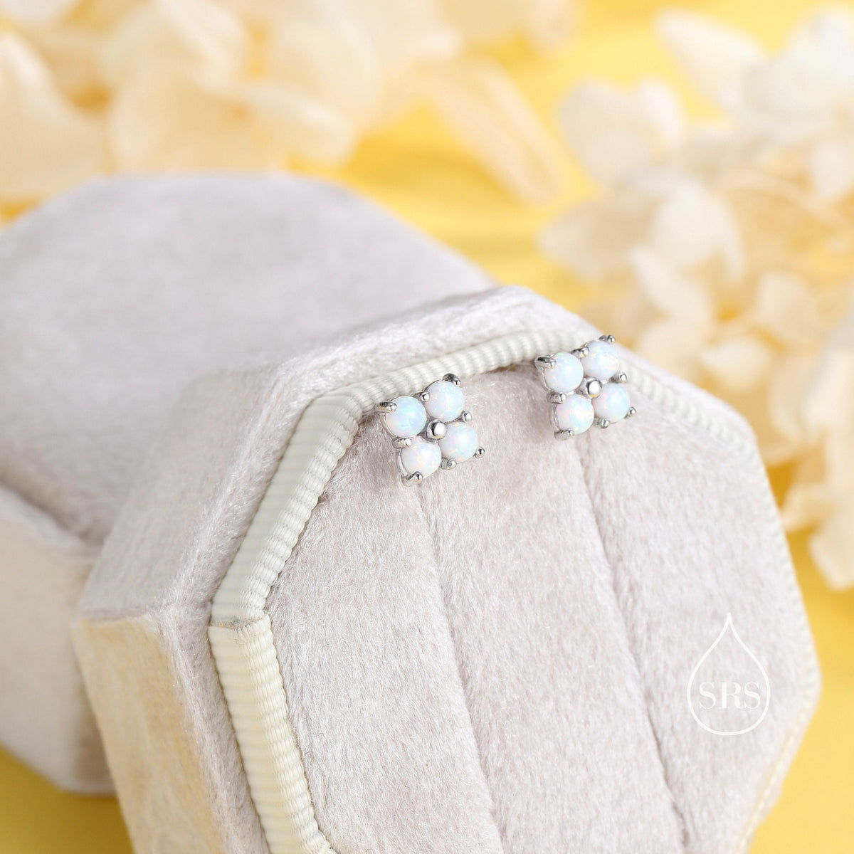 White Opal Hydrangea Screw Back Earrings in Sterling Silver - Gold or Silver - Opal Flower Earrings, Four Fire Opal Stud