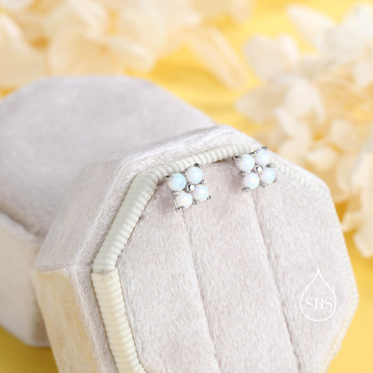 White Opal Hydrangea Screw Back Earrings in Sterling Silver - Gold or Silver - Opal Flower Earrings, Four Fire Opal Stud