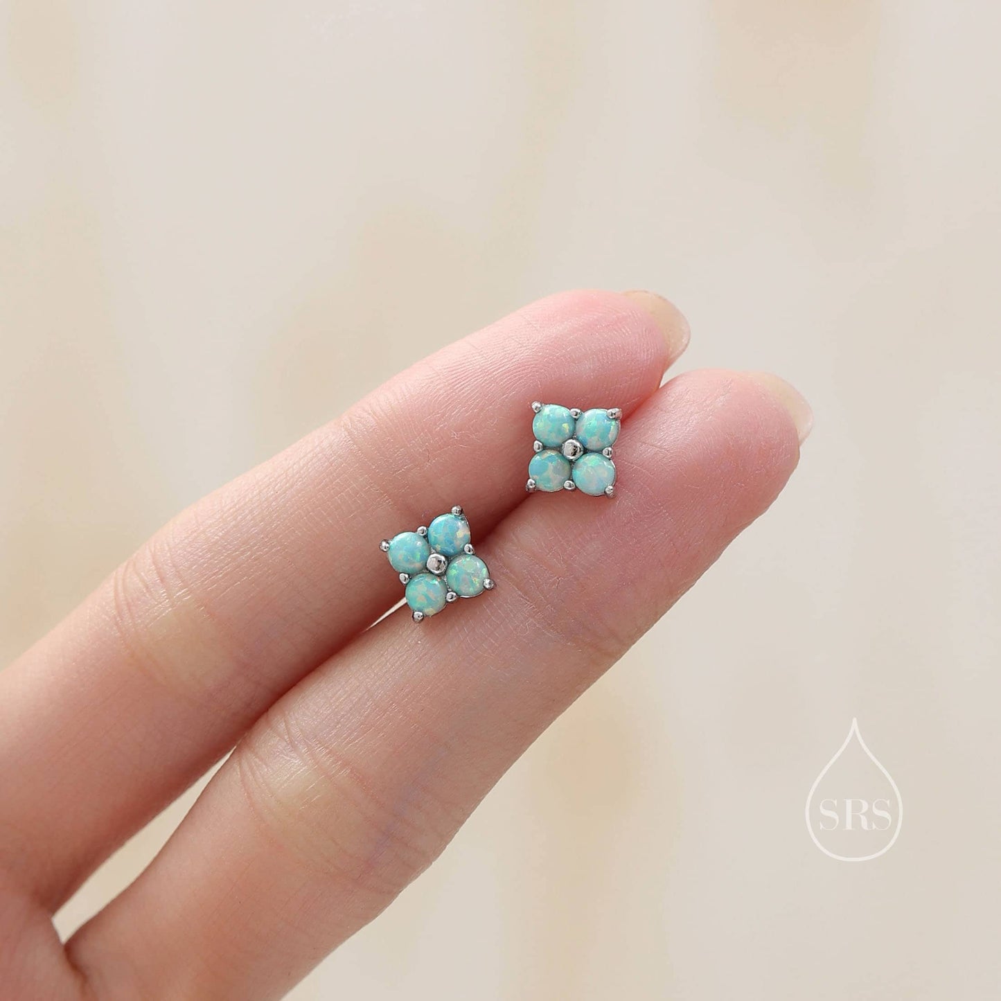 Aqua Green Opal Hydrangea Stud Earrings in Sterling Silver - Gold or Silver - Opal Flower Earrings, Four Fire Opal Stud