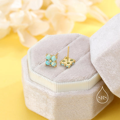 Aqua Green Opal Hydrangea Stud Earrings in Sterling Silver - Gold or Silver - Opal Flower Earrings, Four Fire Opal Stud