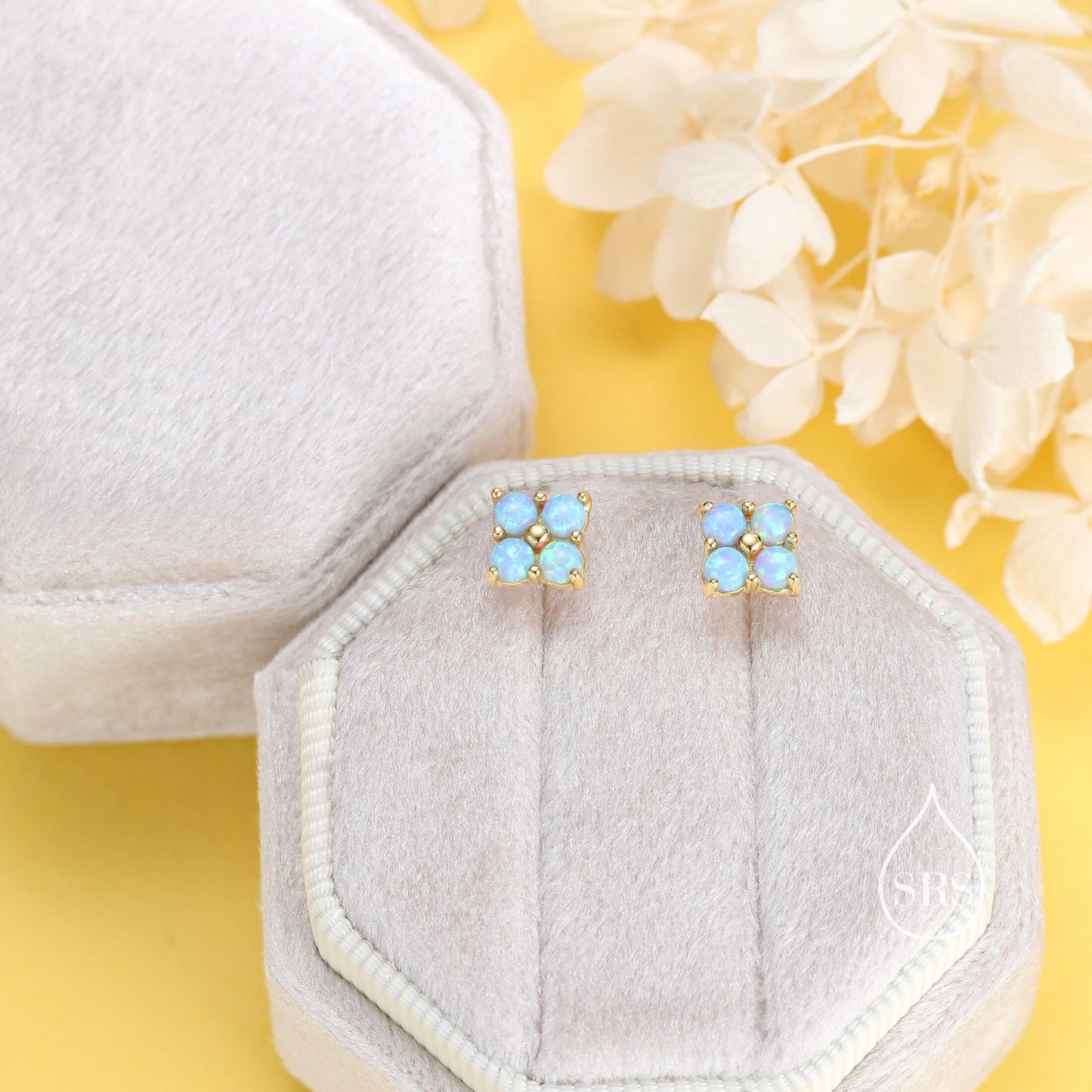 Blue Opal Hydrangea Stud Earrings in Sterling Silver - Gold or Silver - Opal Flower Earrings, Four Fire Opal Stud