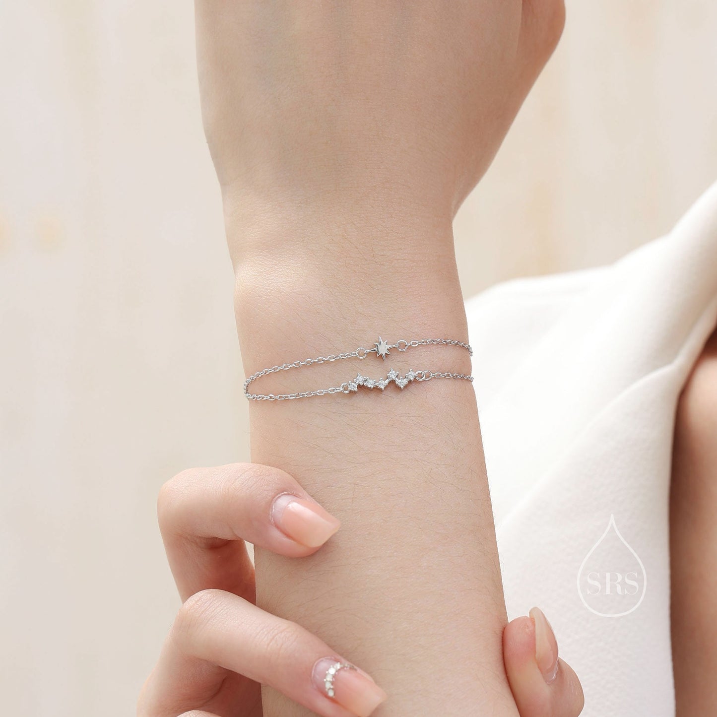 Double Layer Starburst and Constellation Bracelet in Sterling Silver, Silver or Gold or Rose Gold, Star Bracelet, Planet Bracelet