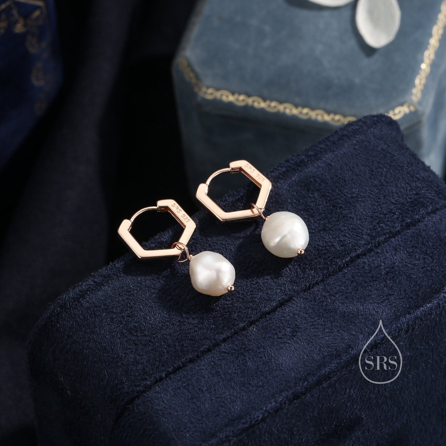 Hexagon Hoops with Dangling Baroque Pearl Drop Earrings in Sterling Silver, Silver or Gold or Rose Gold, Keshi Pearl Earrings, Pearl Hoops