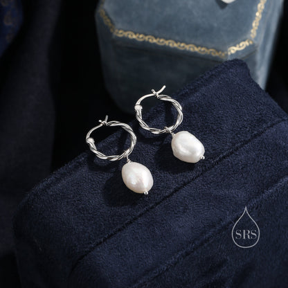 Braided Hoops with Dangling Baroque Pearl Drop Earrings in Sterling Silver, Silver or Gold, Keshi Pearl Twist Hoop Earrings, Pearl Hoops