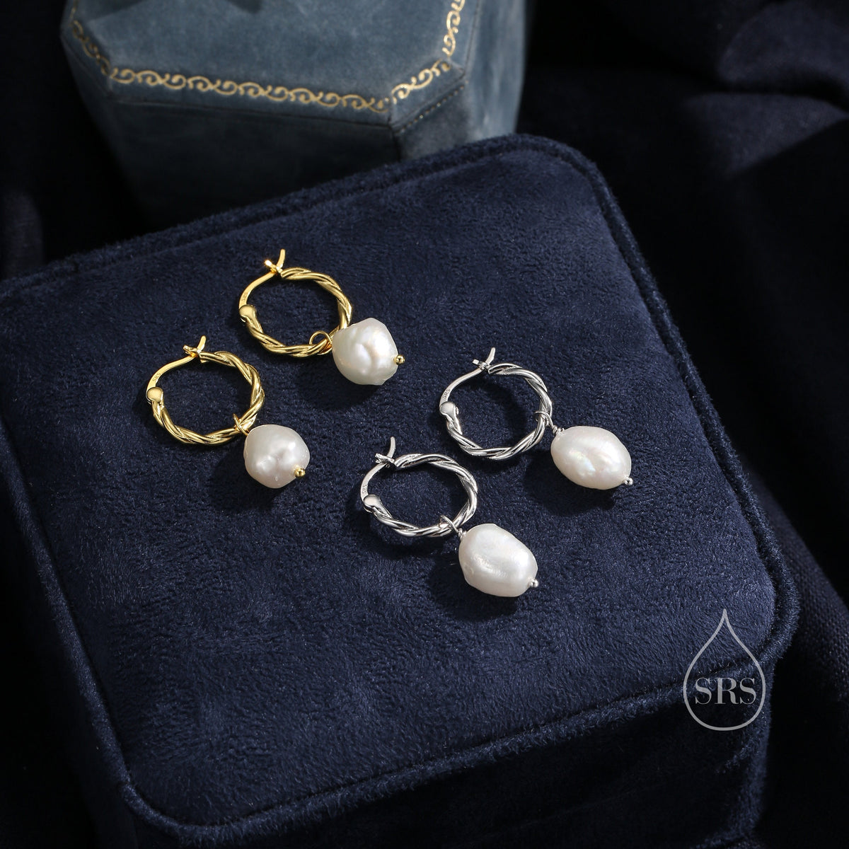 Braided Hoops with Dangling Baroque Pearl Drop Earrings in Sterling Silver