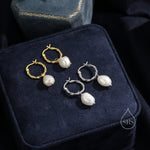 Braided Hoops with Dangling Baroque Pearl Drop Earrings in Sterling Silver