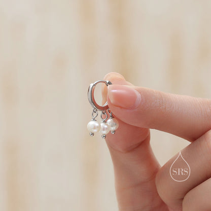 Genuine Freshwater Pearl Trio Huggie Hoop Earrings in Sterling Silver, Real Pearl Cluster Dangle Earrings, Gold and Silver