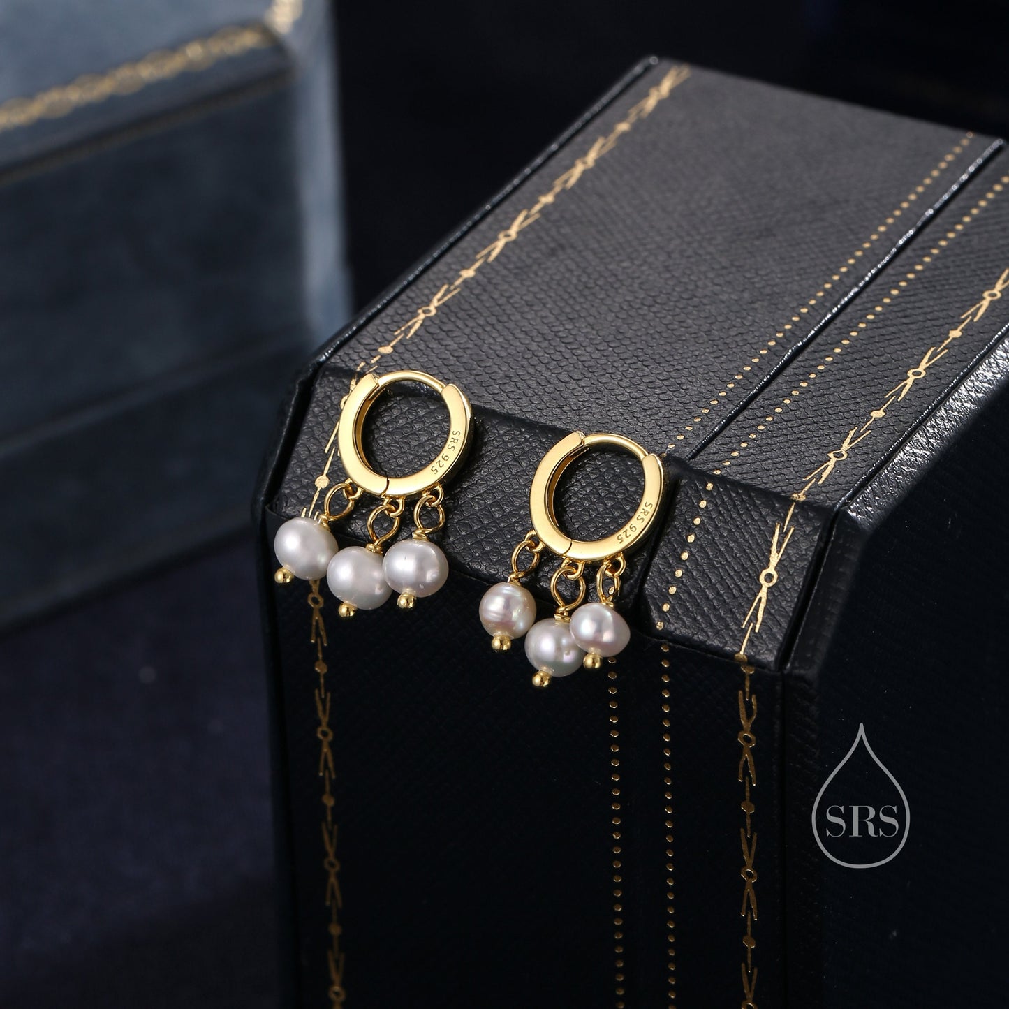 Genuine Freshwater Pearl Trio Huggie Hoop Earrings in Sterling Silver, Real Pearl Cluster Dangle Earrings, Gold and Silver