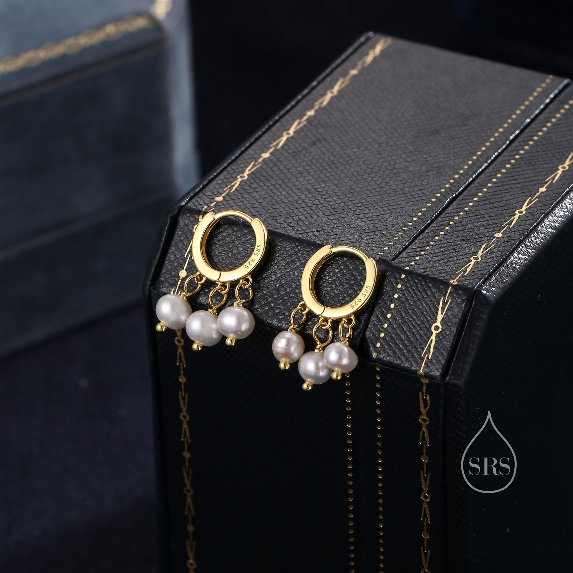 Genuine Freshwater Pearl Trio Huggie Hoop Earrings in Sterling Silver, Real Pearl Cluster Dangle Earrings, Gold and Silver