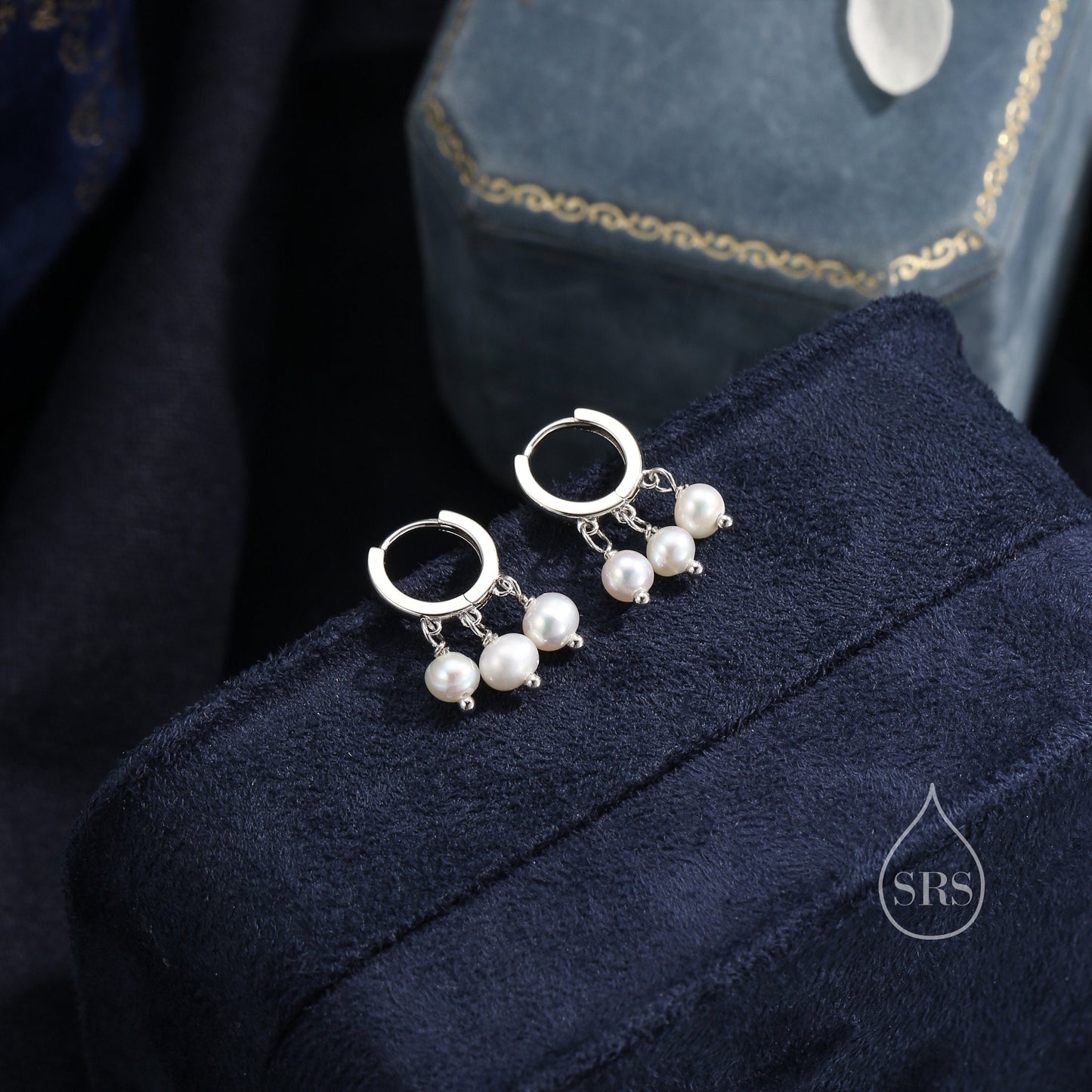 Genuine Freshwater Pearl Trio Huggie Hoop Earrings in Sterling Silver, Real Pearl Cluster Dangle Earrings, Gold and Silver