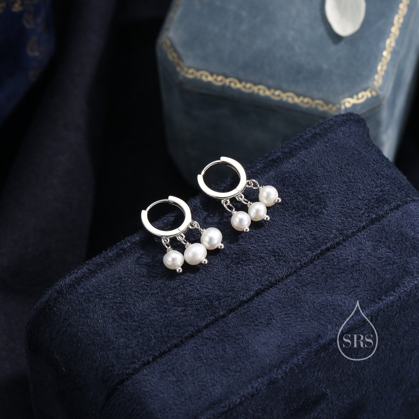 Genuine Freshwater Pearl Trio Huggie Hoop Earrings in Sterling Silver, Real Pearl Cluster Dangle Earrings, Gold and Silver