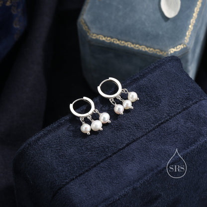 Genuine Freshwater Pearl Trio Huggie Hoop Earrings in Sterling Silver, Real Pearl Cluster Dangle Earrings, Gold and Silver