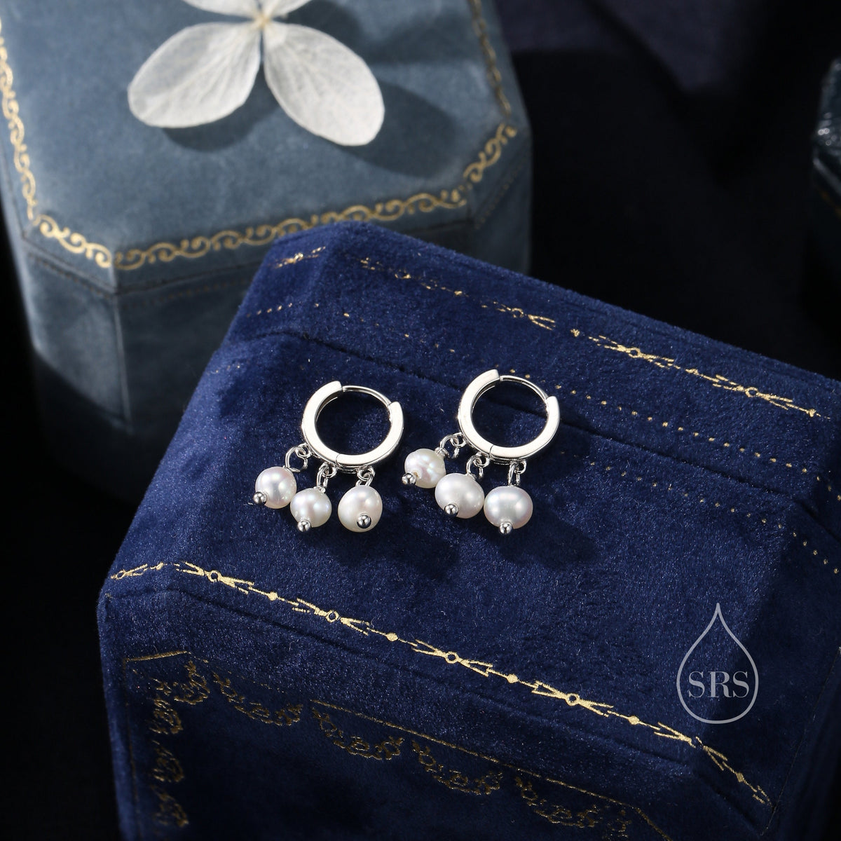 Genuine Freshwater Pearl Trio Huggie Hoop Earrings in Sterling Silver, Real Pearl Cluster Dangle Earrings, Gold and Silver