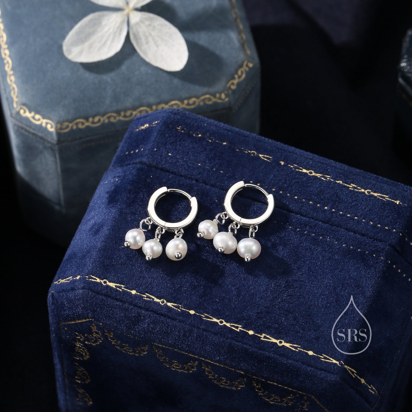 Genuine Freshwater Pearl Trio Huggie Hoop Earrings in Sterling Silver, Real Pearl Cluster Dangle Earrings, Gold and Silver