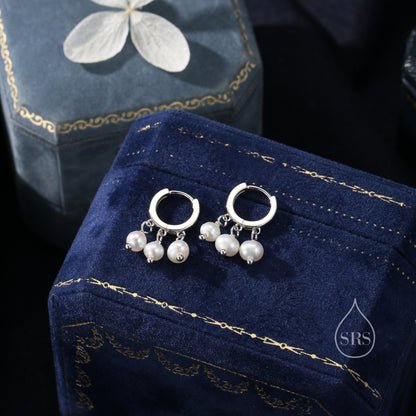 Genuine Freshwater Pearl Trio Huggie Hoop Earrings in Sterling Silver, Real Pearl Cluster Dangle Earrings, Gold and Silver