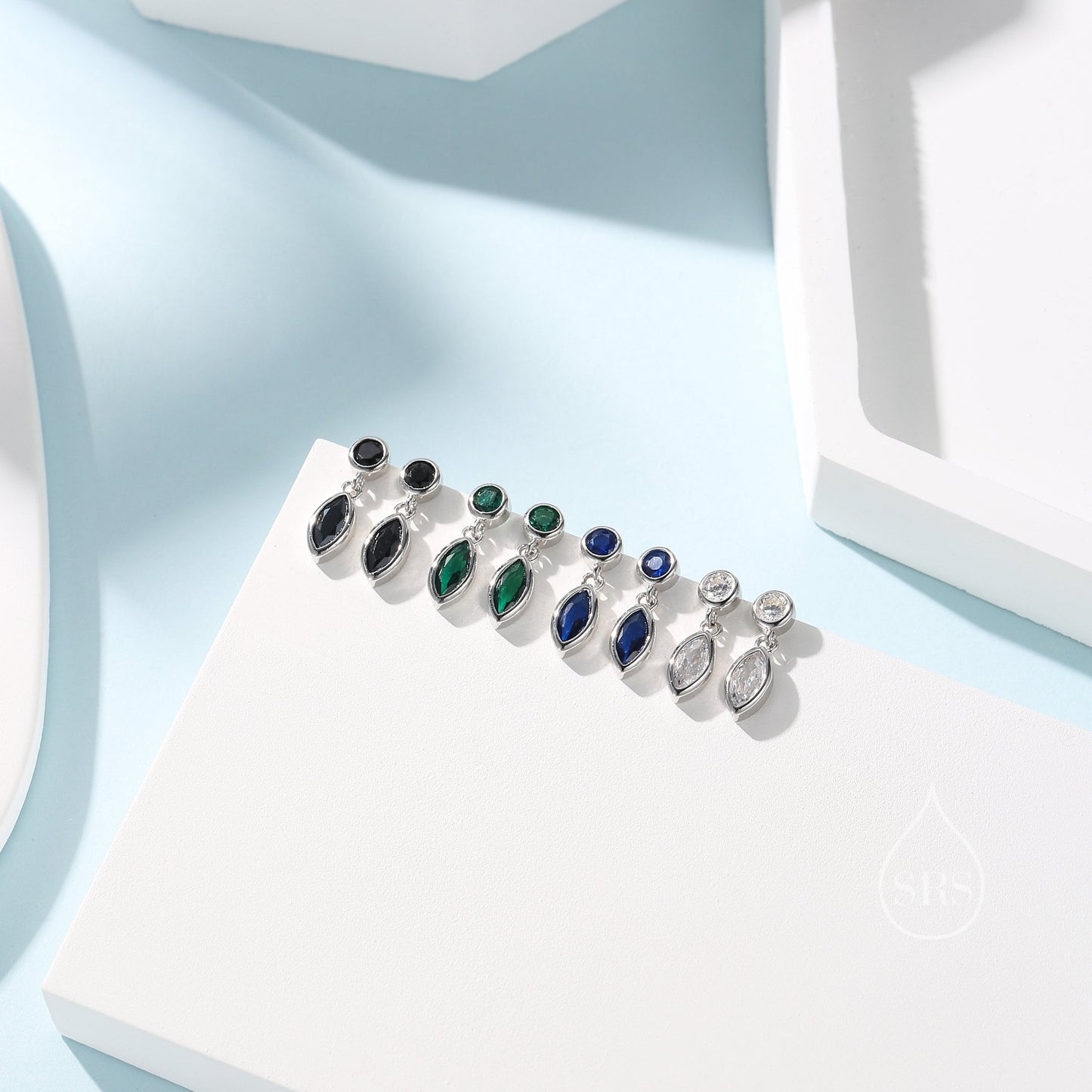 Tiny Emerald Green Double CZ Stud Earrings in Sterling Silver with Round and Marquise CZ, Silver or Gold, Bezel Set Earrings