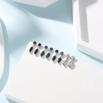 Tiny Emerald Green Double CZ Stud Earrings in Sterling Silver with Round and Marquise CZ, Silver or Gold, Bezel Set Earrings