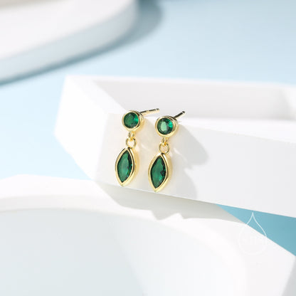 Tiny Emerald Green Double CZ Stud Earrings in Sterling Silver with Round and Marquise CZ, Silver or Gold, Bezel Set Earrings