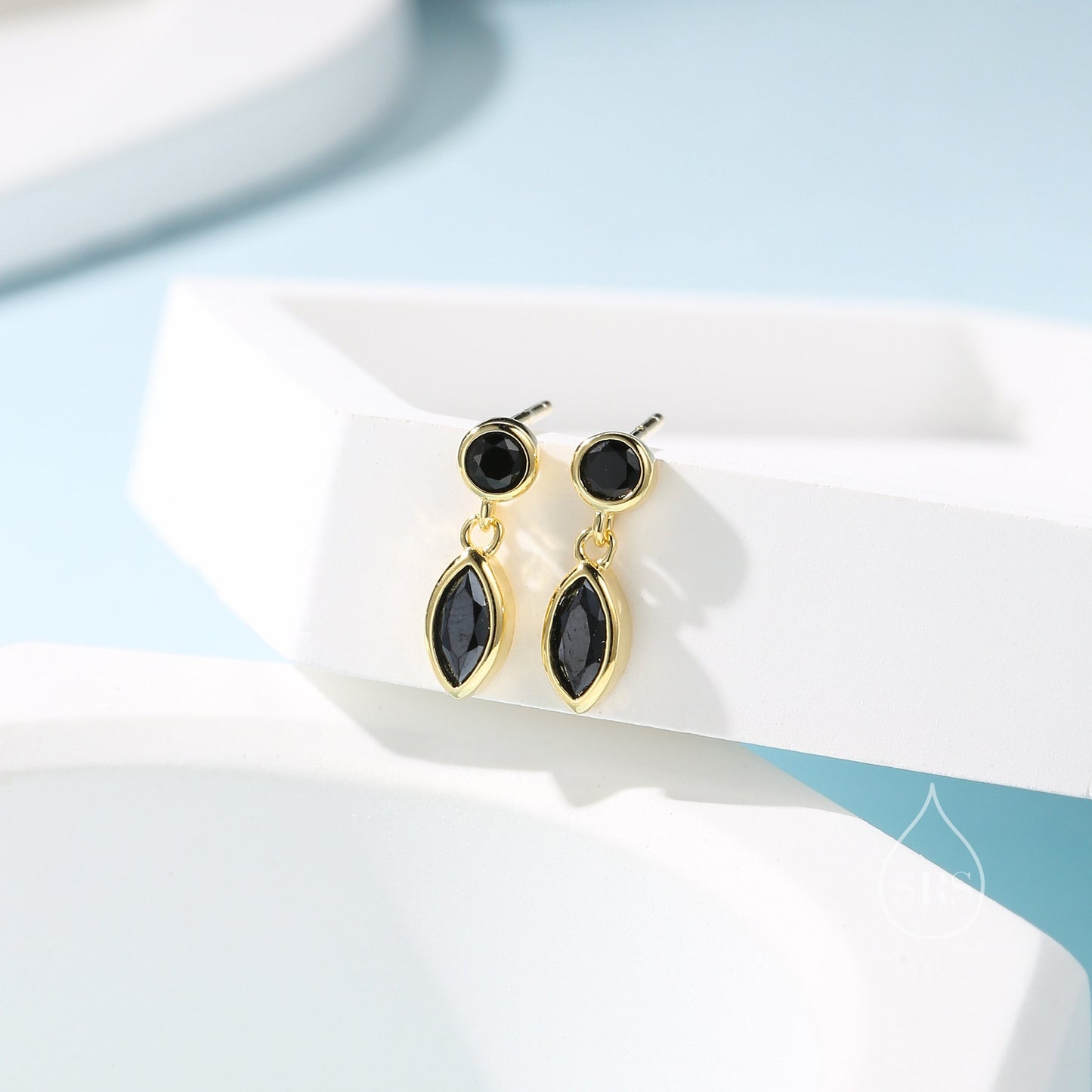 Tiny Double Black CZ Stud Earrings in Sterling Silver with Round and Marquise CZ, Silver or Gold, Bezel Set Earrings