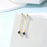 Sapphire Blue CZ with Chain Dangle Stud Earrings in Sterling Silver, Silver or Gold, Blue CZ Drop Earrings