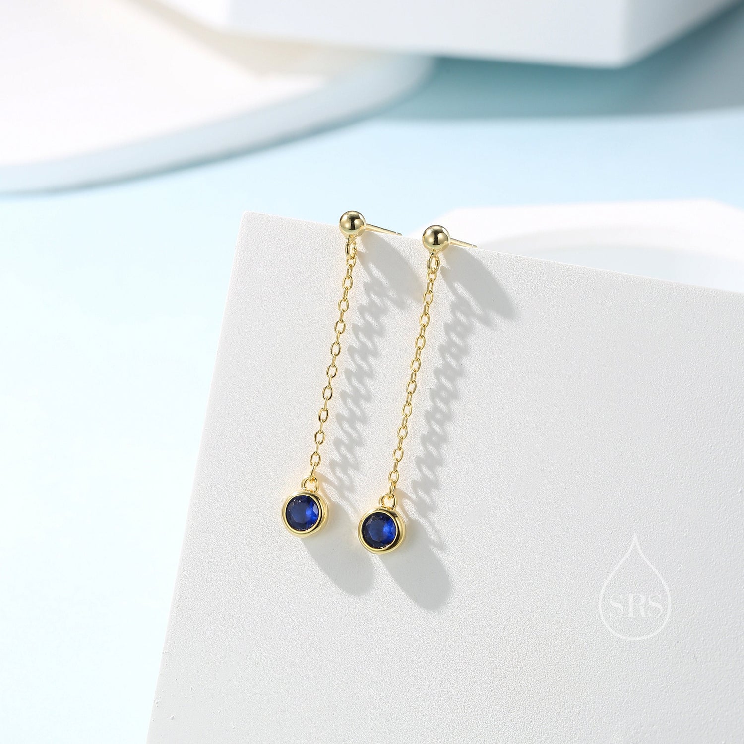 Sapphire Blue CZ with Chain Dangle Stud Earrings in Sterling Silver, Silver or Gold, Blue CZ Drop Earrings