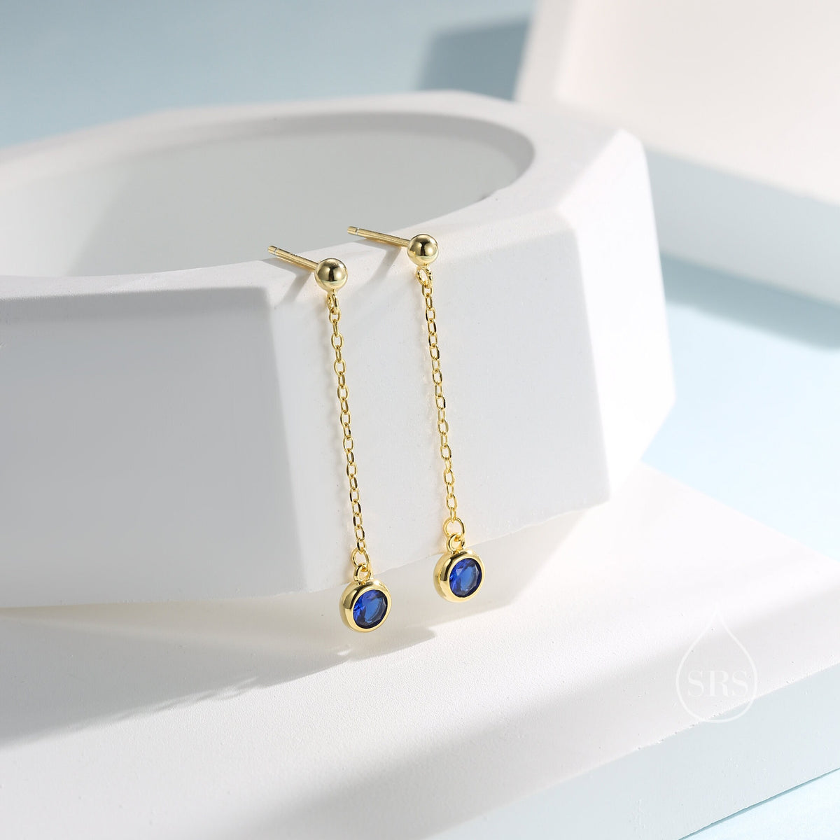 Sapphire Blue CZ with Chain Dangle Stud Earrings in Sterling Silver, Silver or Gold, Blue CZ Drop Earrings
