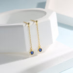 Sapphire Blue CZ with Chain Dangle Stud Earrings in Sterling Silver, Silver or Gold, Blue CZ Drop Earrings