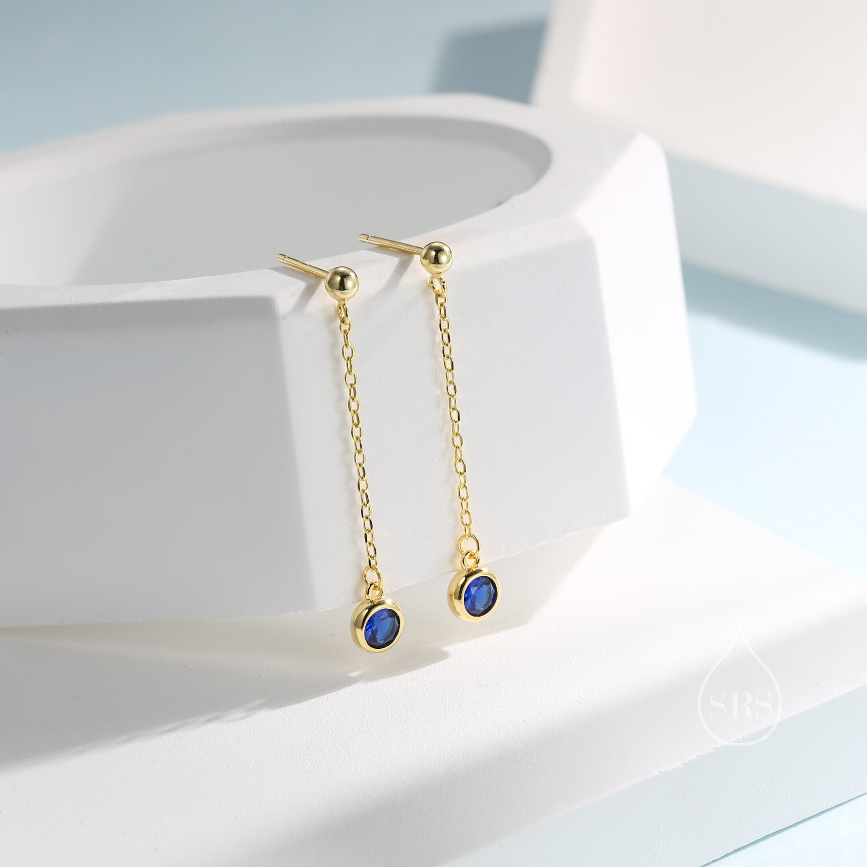 Sapphire Blue CZ with Chain Dangle Stud Earrings in Sterling Silver, Silver or Gold, Blue CZ Drop Earrings