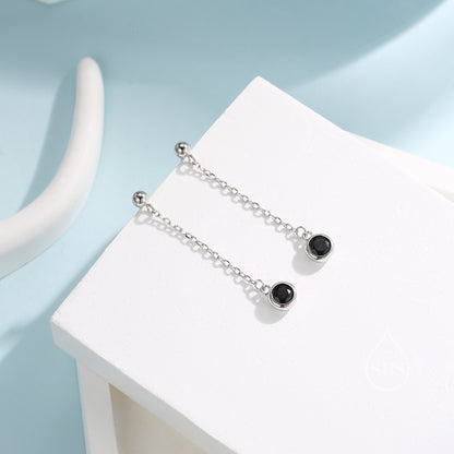 Black CZ with Chain Dangle Stud Earrings in Sterling Silver, Silver or Gold, Black CZ Drop Earrings