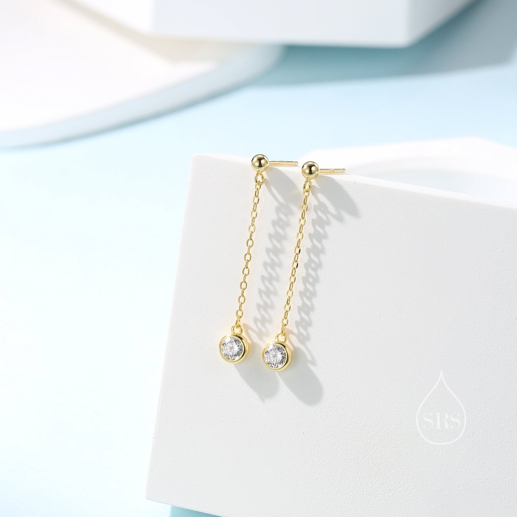 Clear CZ with Chain Dangle Stud Earrings in Sterling Silver, Silver or Gold or Rose Gold, CZ Drop Earrings